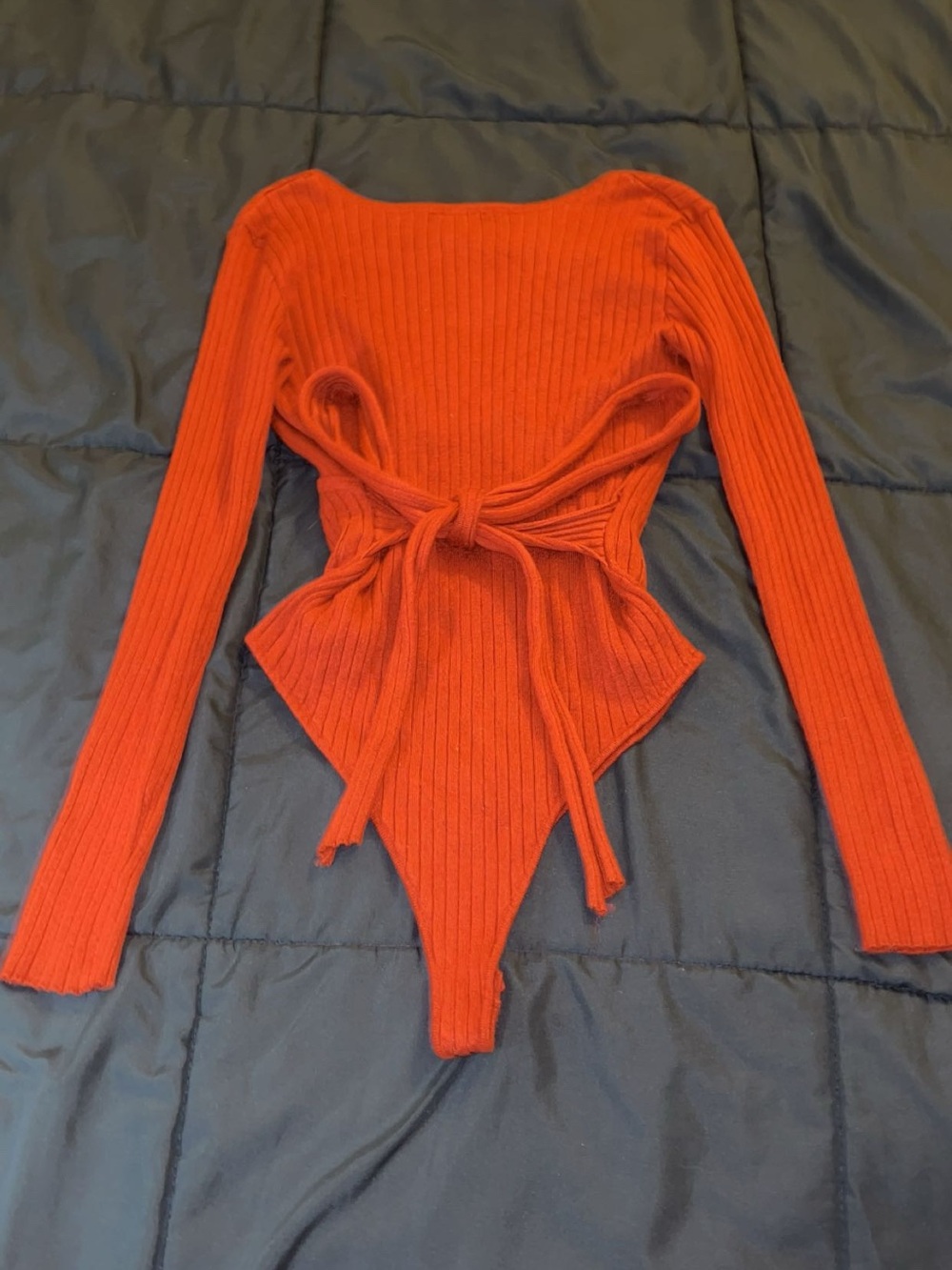 Ribbed Tie-Front Long Sleeve Bodysuit - Red